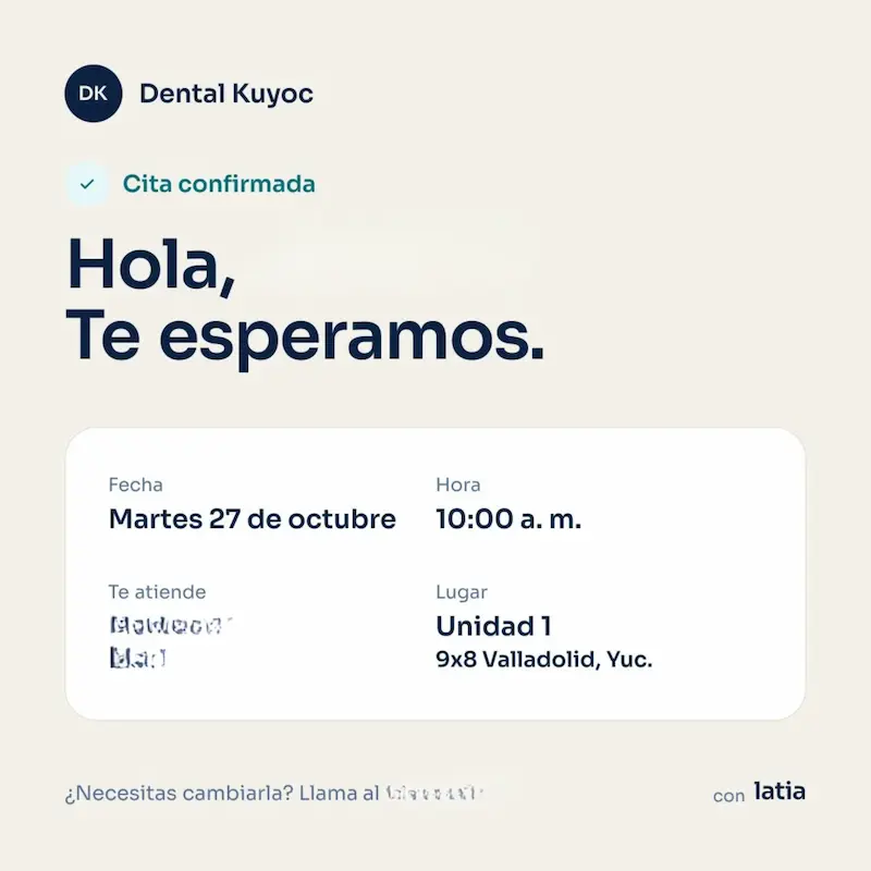 Mensaje de confirmación de cita enviado por WhatsApp, con fecha, hora, profesional y lugar.